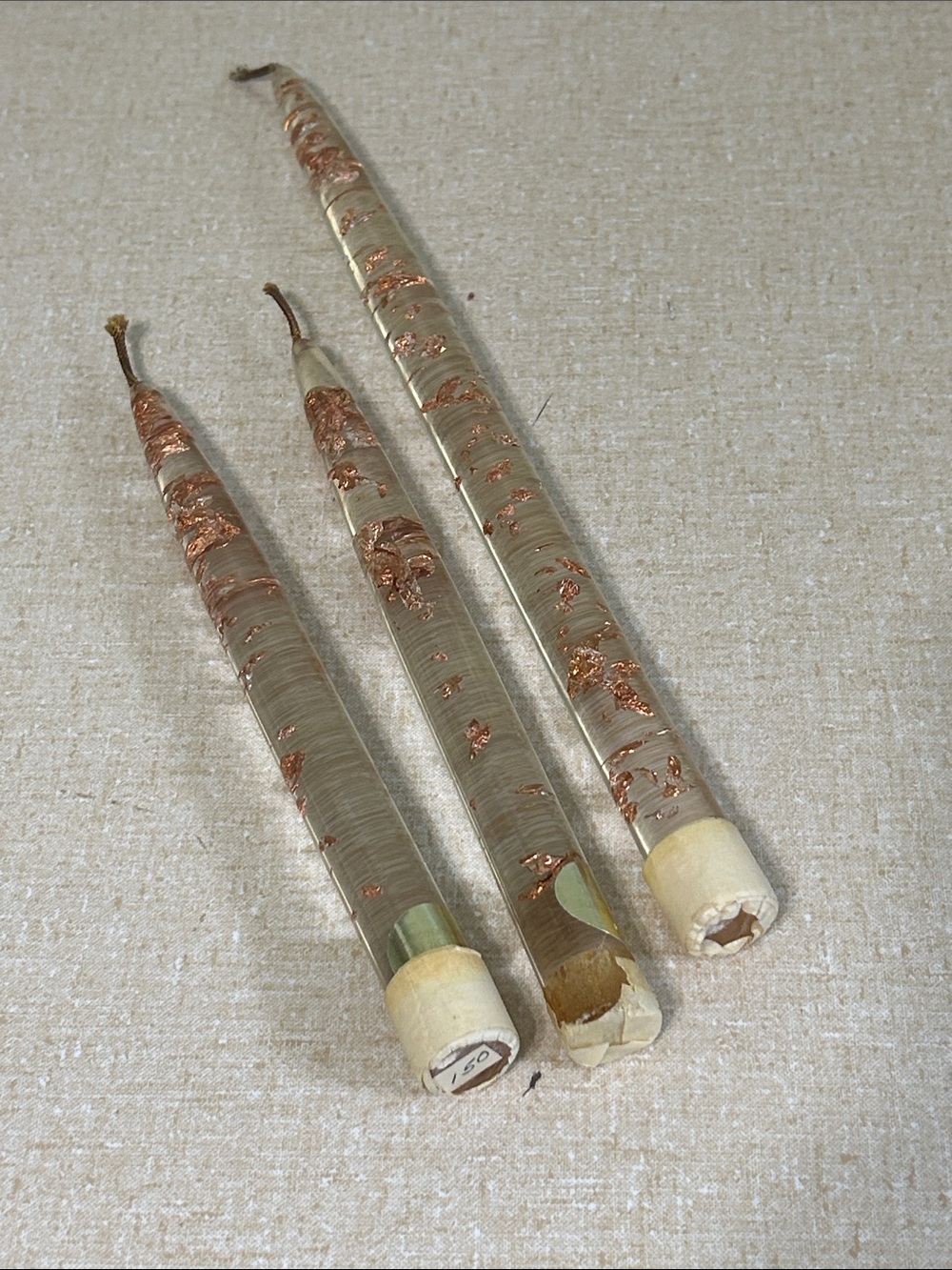 VTG MCM Lucite Taper Candles Trio Copper Foil Flecks Staggered Sizes (3)